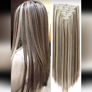 Clip-In Straight Hair Extensions - Ash Blonde & Brown Highlights 18 Inch